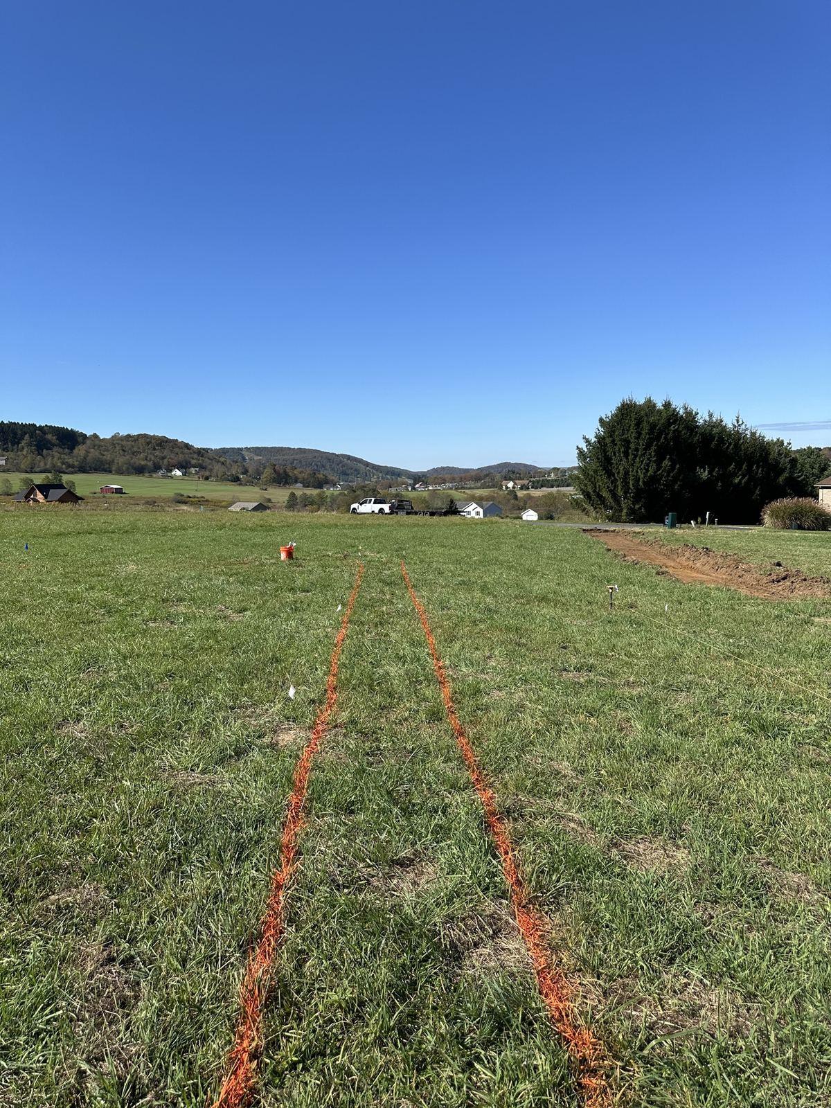 Painted utility layout lines on the ground at Green Meadow, before the dig.